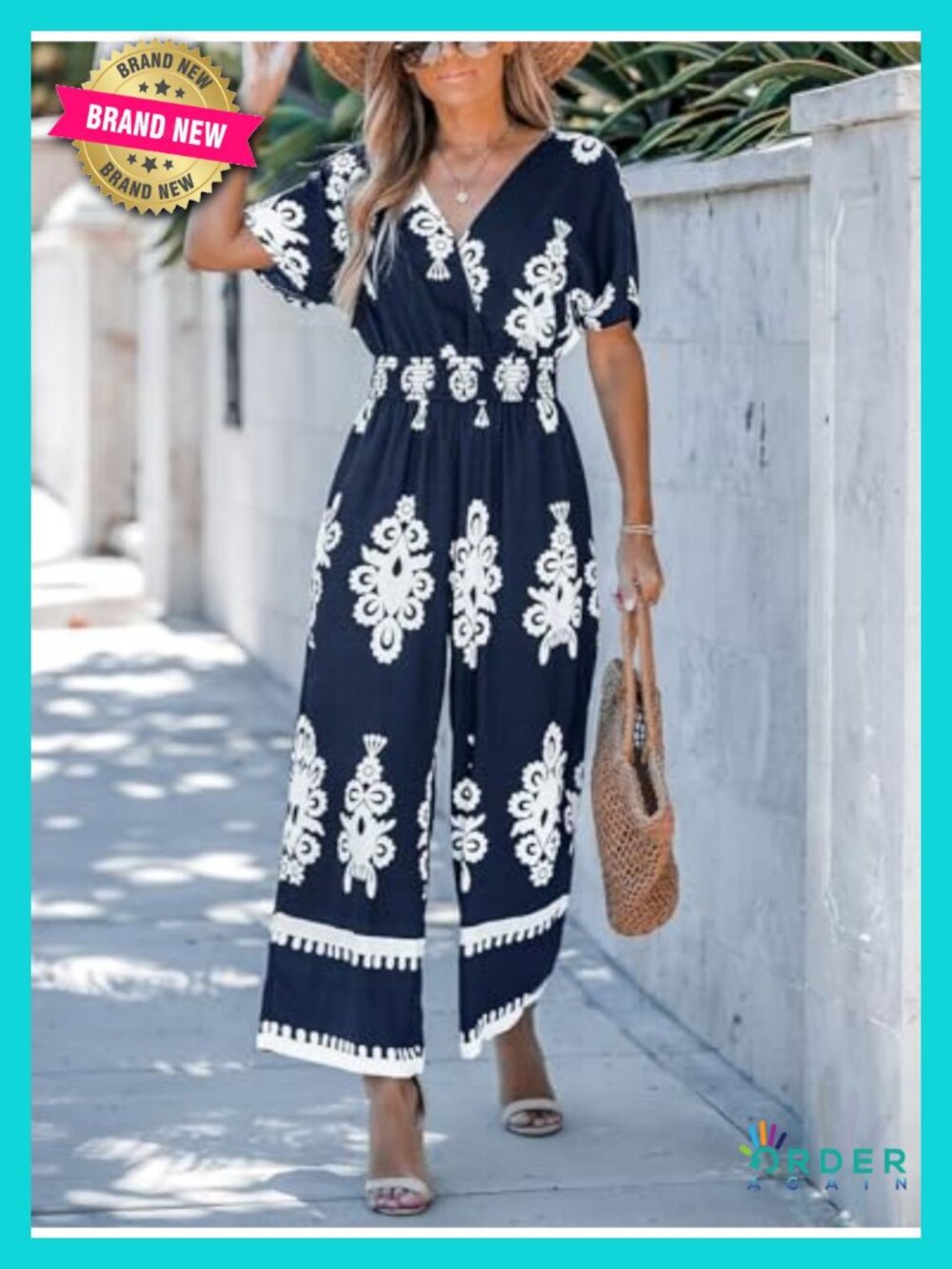 Boho Paisley Smocked Wide Leg Jumpsuit with Pockets - Picture 5 of 6